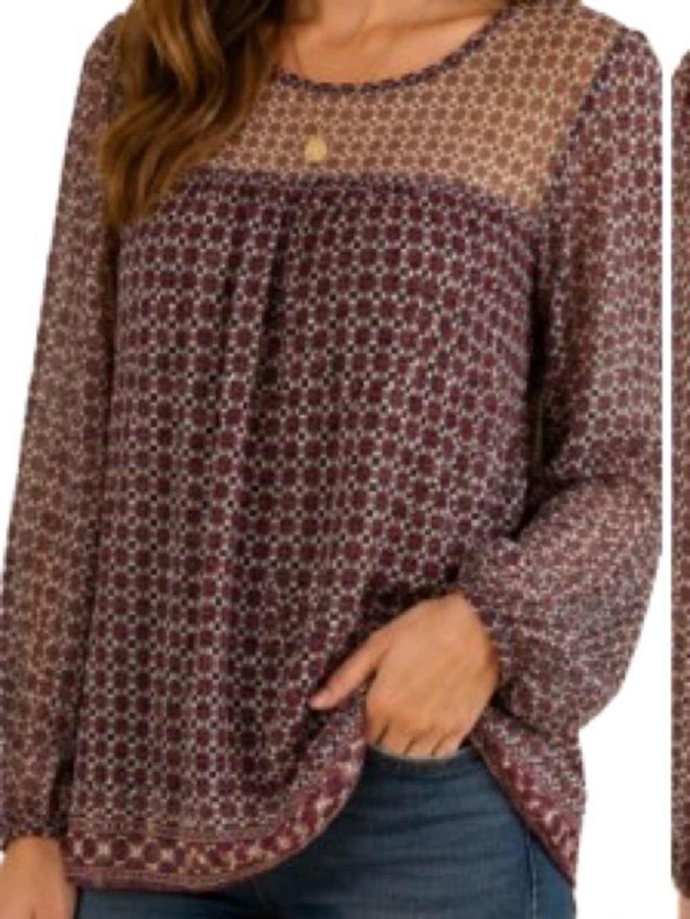MAX STUDIO Boho Peasant Top Burgundy Geometric Print Sheer Yoke Large